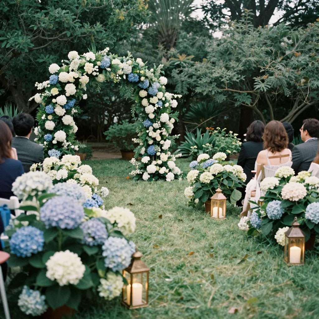 Elegant garden wedding ceremony with floral decorations