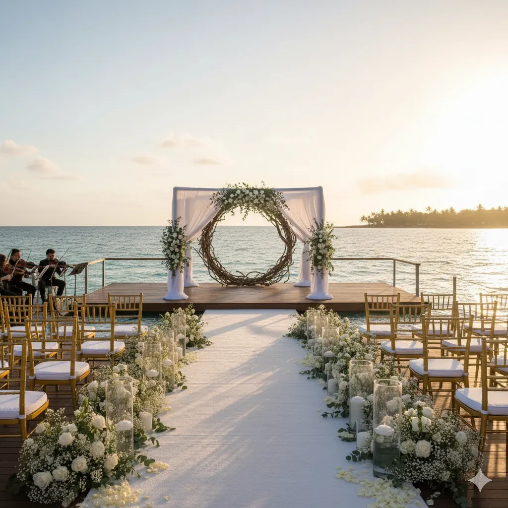 Elegant waterfront ceremony setup